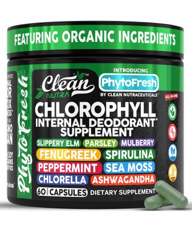 Clean Nutra Chlorophyll Capsules Supplement Internal Deodorant Peppermint Sea Moss Parsley Chlorella Spirulina Slippery Elm Ashwagandha PhytoFresh Greens Detox Pills 1
