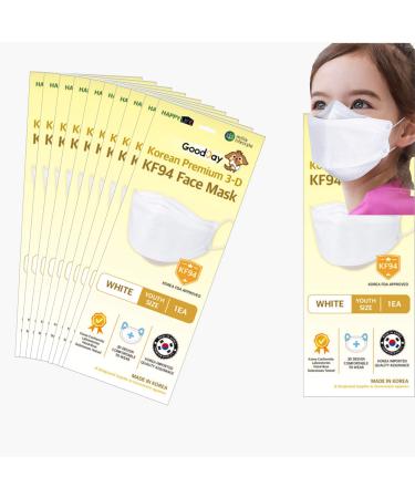 (Pack of 10) Premium 3D Disposable White Kids KF94- Face Mask, Age 5-15 Old, 4-Layer Filters, Individual Packs, White Color, Made in Korea. (10)