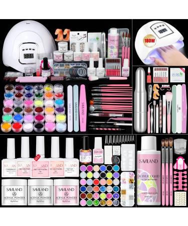 Saviland Acrylic Nail Kit for Beginners: Keratin Acrylic Powder Castor Oil Vitamin E Gel Nail Polish Primer 180W Nail Lamp Nail Drill Full Tools Everything Home Starters