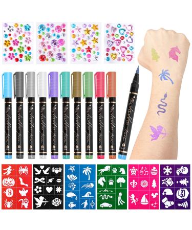 Meetory Meetory 10 Pcs Glitter Makeup Pencils Waterproof Skin-Friendly Temporary Makeup Pencils for Humans Adults Halloween Party Birthday with 6 Stencils and 4 Gems