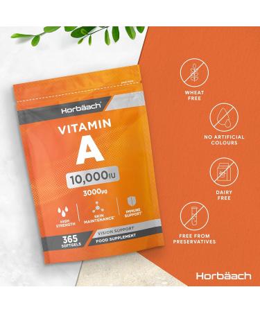 Vitamin A Capsules 10 000iu | 365 Count (1 Year Supply) | High Strength Vitamin A Supplement as Retinyl Palmitate | No Artificial Preservatives | by Horbaach - Buy Online on GoSupps.com