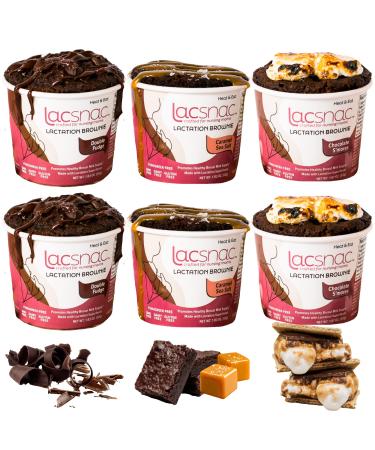 Lacsnac Lactation Brownie Cup Variety Pack - S'mores, Double Fudge, Sea Salt Caramel (1.83oz, Pack of 6) for Nursing Moms - Made With Flax Seeds, Brewers Yeast, Spinach and Broccoli - Promotes Lactation Support & Healthy Breast Milk Supply - GMO-free, Glu
