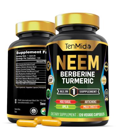Tenmido Neem Leaf Supplement - 8in1 Formula - Combine with Berberine Turmeric Holy Basil Amla Artichoke Milk Thistle and Black Pepper - Immune Support - 120 Capsules for 4 Months Supply