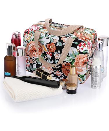 IGNPION Large Waterproof Travel Toiletry Bag - Black Flower Print | Makeup Organizer, Cosmetic & Gym Bag for Women - Buy Online on GoSupps.com