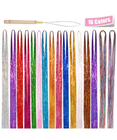 16 Colors Hair Tinsel Extensions with Tools Holographic Sparkle Glitter Highlights Hairpieces 47Inch Colorful Straight Shiny Tinsel Long Dazzle Synthetic Hair for Women Girls Party Decoration