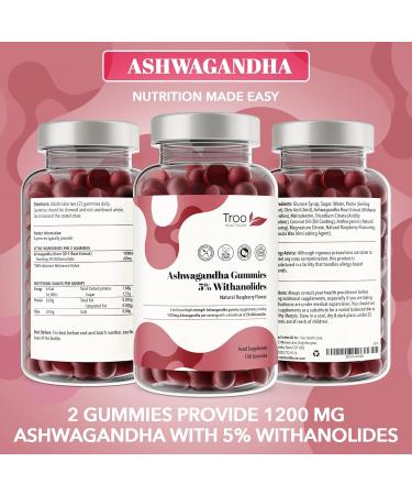 1200mg Ashwagandha Gummies - 150 Natural Raspberry Flavour Chewables - Vegan & Gluten-Free Supplement with 5% Withanolides - 2 Months Supply - Buy Online on GoSupps.com