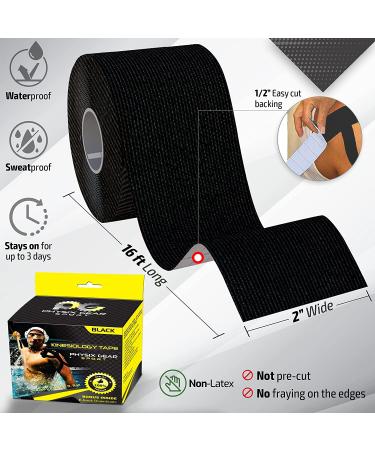 Physix Gear Kinesiology Tape Pro - Waterproof Physio Sports Tape for Pain & Injuries  Pregnancy  Muscle  Knee  Joint Support  Swelling  Strain Relief  Enhanced Blood Circulation (with E-Guide) Black (1 Pack + eGuide) - Buy Online on GoSupps.com
