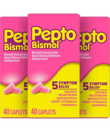 Pepto Bismol Caplets, Upset Stomach Relief, Bismuth Subsalicylate, Multi-Symptom Relief of Gas, Nausea, Heartburn, Indigestion, Upset Stomach, Diarrhea, 40 Caplets (Pack of 3) 120 Caplets