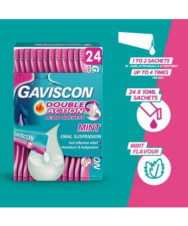 Gaviscon Double Action Mint Flavour Sachets 24x10ml - 4 Hour Heartburn & Indigestion Relief - Buy Online on GoSupps.com