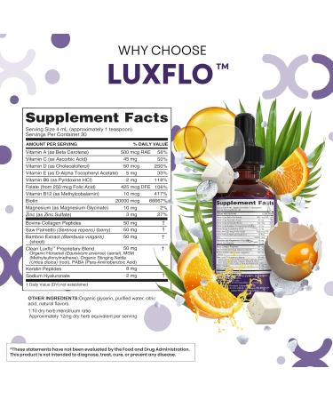 Liquid Biotin & Collagen Keratin Hyaluronic Acid Saw Palmetto Drops Vitamins for Hair Growth Support Silica Vitamin A C D Bamboo Turmeric Zinc Folate Magnesium Horsetail LuxFlo by Clean Nutra 1 - Buy Online on GoSupps.com