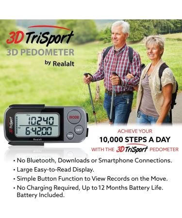 3DTriSport Walking 3D Pedometer with Clip and Strap + Free eBook | Step, Distance, Calorie Counter & More - Grey/Black - Buy Online on GoSupps.com