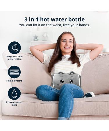 NAJILI 1L Hot Water Bottle Set - Gray Cat | Rubber Heat Bottle with Covers & Heating Belts for Neck Shoulder Back Feet & Waist Perfect for Kids & Adults - Buy Online on GoSupps.com