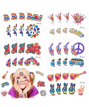 Qpout 20PCS Hippie Temporary Tattoo Trendy Hippie Flower Tattoo Sticker Face Tattoos for Adults and Kids Love and Peace Sign Temporary Tattoo Party Favor Hippie Accessories
