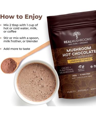 Organic 5 Defenders Mushroom Hot Chocolate Mix - Unsweetened, Gluten-Free, Vegan - 15 Servings - Buy Online on GoSupps.com