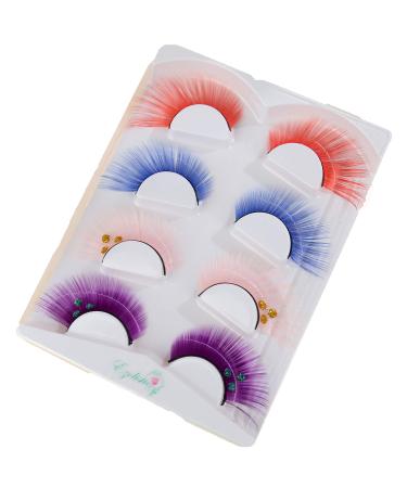 Fake Colored Eyelashes (4 Pairs) - Natural 3D Looking Reusable Eye Lashes Extension for Halloween - (#4-red blue purple with three green dot style and pink with 3 gold dot)
