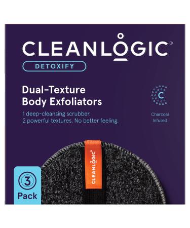Cleanlogic Detoxify Purifying Charcoal Infused Exfoliating Body Scrubber  Dual-Texture Round Exfoliator Tool for Smooth  Clean Skin  Daily Skincare Routine  3 Count Value Pack 3 Count (Pack of 1) Detoxify Body Scrubber