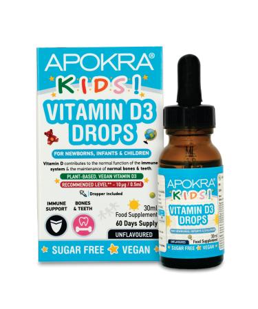 Vitamin D Drops Baby & Kids - Vegan - 60 Days Supply 30mL Preservative Free and Sugar Free Kids Vitamins - VIT D 400IU in MCT Oil - 10 micrograms per 0.5mL | APOKRA Kids