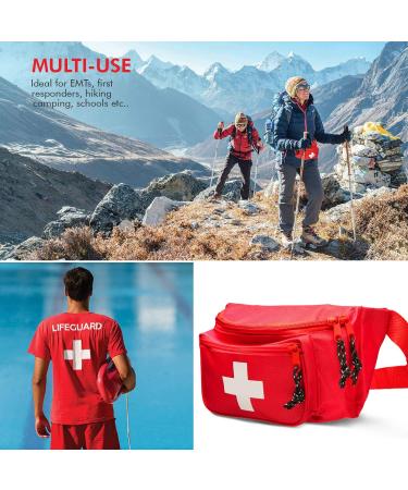 NOVAMEDIC First Aid Fanny Pack with 75 Emergency Essentials - Red Waist Bag for Lifeguard, Hiking, Travel - Adjustable Strap - Durable & Stocked - Buy Online on GoSupps.com