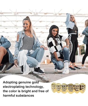 Gold Plated Hiphop Tooth Grillz Caps with Rhinestones Gold Plated Grillz Teeth - Copper Plated Gold Tooth Caps for Cosplay Costumes Portable Mouth Grillz Lower Teeth - Buy Online on GoSupps.com