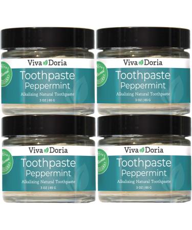 Pack of 4 Viva Doria Fluoride Free Natural Toothpaste - Peppermint (3 oz Glass jar) Refreshes Mouth Freshens Breath Keeps Teeth and Gum Healthy