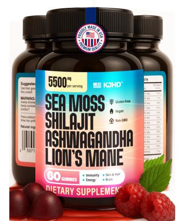 KJHD Shilajit Ashwagandha Gummies with Sea Moss Beet Root Lion s Mane Mushroom & Black Seed Oil Organic Herbal Superfood Supplement 60 Vegan Gummies 1 Month Supply (60 Count)