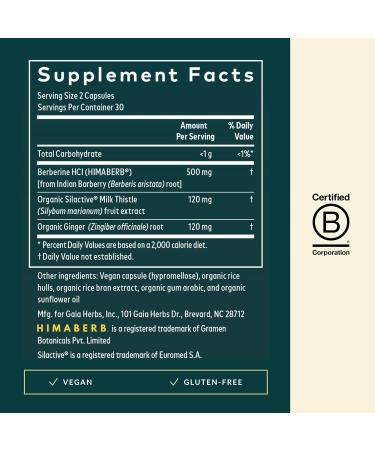 Gaia Herbs Berberine & Milk Thistle - Milk Thistle & Berberine Supplement with Ginger Root - Supports Liver Health* - Vegan Gluten-Free Dairy-Free Non-GMO Project Verified - 60 Capsules - Buy Online on GoSupps.com