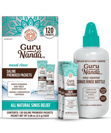 GuruNanda Sinus Rinse Bottle & Saline Premixed Packets 120ct - All Natural Sinus Rinse Packets to Help with Allergies & Congestion Relief 0.08oz Each 120 Count (with Sinus Rinse Bottle)