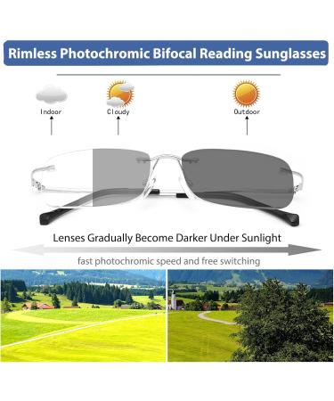 Rimless Bifocal Reading Glasses - Photochromic Sunglasses | Blue Light Blocking Titanium | UV Protection for Men & Women | 2.0x Magnification - Buy Online on GoSupps.com