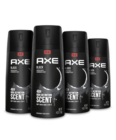 AXE Black Mens Body Spray Deodorant 48hr Odor Protection Frozen Pear & Cedarwood Aluminum Free Deodorant Body Spray 4.0 oz 4 Count Black (Frozen Pear and Cedarwood)