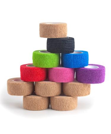 YAXEON Self Adhesive Bandage Wrap| 12 Rolls 1 x 5 Yards Vet Tape  Medical Tape Athletic Tape Elastic Cohesive Bandage for Sports Injury Stretch Athletic Ankle (Mix Color)