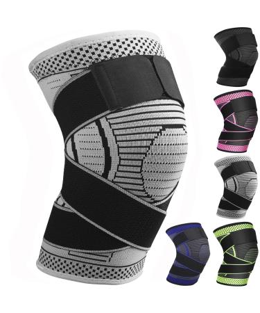 Ruilaibao Adjustable Knee Support Brace 1 pack Compression Knee Sleeves for Men Women Use for Meniscus Tear Arthritis Tendinitis Ligament Injury Weight Lifting Anti Slip Knee Brace (Gray Large) Gray Large