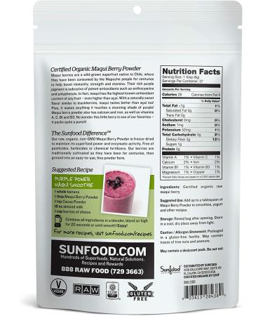 Sunfood Organic Maqui Berry Powder 8 oz - Raw Superfood for Antioxidants & Health - Buy Online on GoSupps.com