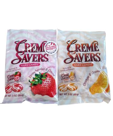 Emporium Candy Creme Savers - Orange and Creme Strawberry and Creme - 1 3 oz Bag of Each Flavor with Refrigerator Magnet, Red 3 Ounce (Pack of 2)
