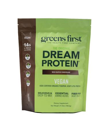 Greens First Dream Protein Plant-Based Vegan Powder - USDA Organic Pumpkin Hemp & Pea Protein - Gluten-Free Non-GMO No Added Sugar (Rich Dutch Chocolate 27.54 oz)