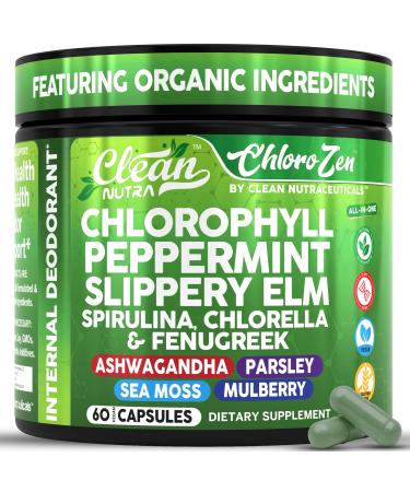 Clean Nutra Chlorophyll Capsules + Peppermint Slippery Elm Spirulina Chlorella Fenugreek Ashwagandha Sea Moss Supplement Ph Balance for Women Detox Internal Deodorant Supplement + Prebiotics 60 Ct