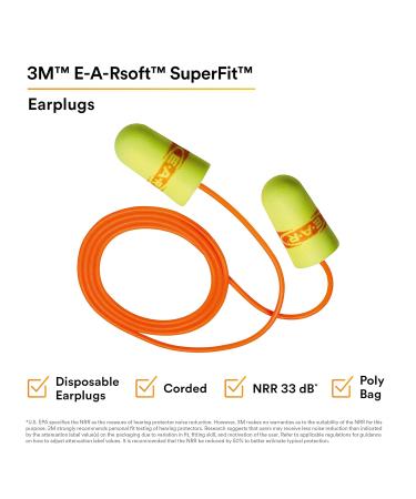 3M Ear Plugs 200/Box - E-A-Rsoft SuperFit 311-1254 Corded Foam Hearing Protection NRR 33 for Drilling Grinding Welding & More | Buy Internationally - Buy Online on GoSupps.com