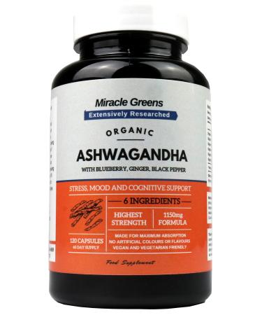 Organic Ashwagandha 1150mg | Boosted with Blueberry Turmeric Ginger and Black Pepper | 120 Capsules for Mood Anxiety & Stress Relief | Max Strength Ashwagandha from Root - 5% Withanolides