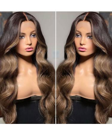 SHUOPUS Long Ombre Brown T Part Synthetic Lace Front Wig  Body Wave Wig with middle part  Glueless Lace Front Wigs for Women 24inches
