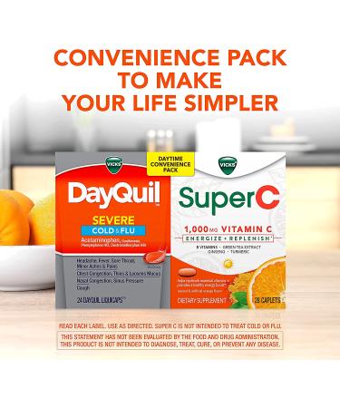 Vicks DayQuil & Super C Pack - Max Strength Cold & Flu Relief with Vitamin C & B - Herbal Extracts, 52 Count - Buy Online on GoSupps.com
