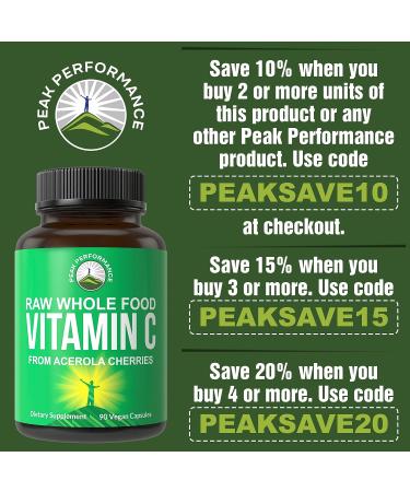 Peak Performance Raw Whole Food Natural Vitamin C Capsules - Vegan USA Sourced Supplement - 90 Pills, 500mg or 1000mg Dual Serving - Buy Online on GoSupps.com