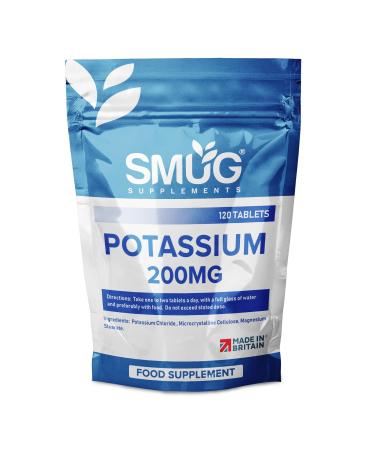 SMUG Supplements Potassium Tablets - 120 High Strength 200mg Pills - Contributes to Normal Blood Pressure Muscle Function Nervous System and Electrolyte Balance - Vegan Friendly - Made in Britain