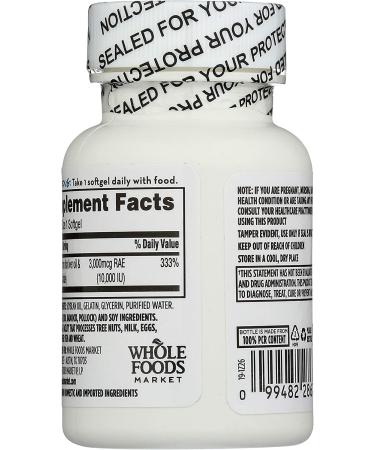 Whole Foods Market Vitamin A 10K IU 100 Softgels - High-Potency Supplement for Immune Health - Buy Online on GoSupps.com
