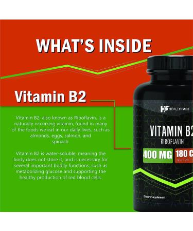 Vitamin B2 400mg | 180 Capsules | Riboflavin Supplement | Gluten Free & Non-GMO - HealthFare - Buy Online on GoSupps.com