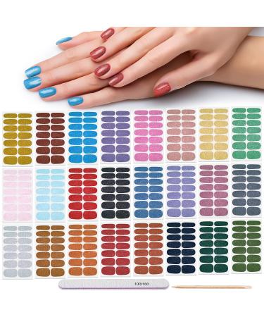 DANNEASY 24 Sheets Glitter Nail Polish Stickers Full Nail Wraps for Women Self Adhesive Nail Polish Strips Gel Nail Strips Stick on Nails Manicure Kit with Nail File Cuticle Stick 2 Glitter Solid