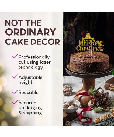 Reusable Christmas Cake Topper Double-Sided Glitter Card Christmas Cake Decorations and Holiday Cake Decorations Glitter and Gold MERRY Christmas in Cursive with Christmas Tree - 3 Little Desserts - Buy Online on GoSupps.com
