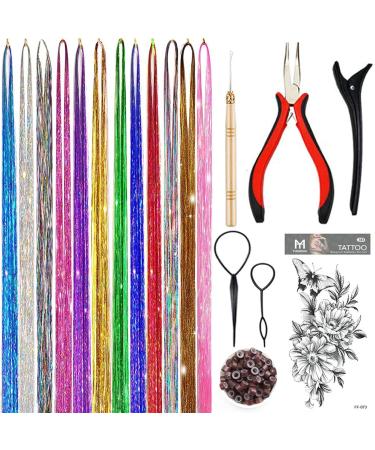 Hair Tinsel Kit, Fairy Tinsel Hair Extensions With Tool 2760 Strands 12 Colors Holographic Hair Tinsel Heat Resistant Sparkling Hair Glitter for Christmas New Year Party (48 Inch) 12 Colors 2760 Strands 48 Inch