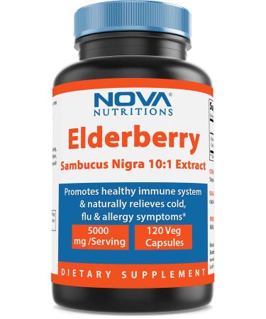 Nova Nutritions Elderberry Sambucus Nigra 10:1 Extract 5000mg Equivalent 120 Veg Capsules - Naturally relives Cold flu & Allergy Symptoms - Promotes Healthy Immune System