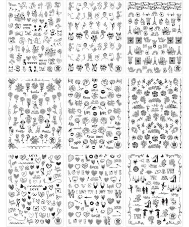 JMEOWIO Spring 3D Nail Art Stickers 9 Sheets Self Adhesive Nail Decals Heart-Shaped Flower Pattern DIY Design Nail Decoration for Women Girls (Black) - Buy Online on GoSupps.com