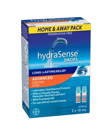 HydraSense Advanced Eye Drops For Dry Eyes Preservative Free Naturally Sourced Lubricant With Provitamin B5 Home and Away Twin Pack (2 x 10 mL) 20 mL