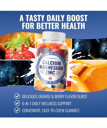 NutraPep Calcium Magnesium Zinc Supplement Gummies - with Vitamin D3 K2 Magnesium Glycinate - Orange Berry Flavored Vegan Sugar-Free Gluten Free Chewable for Men Women Kids - Buy Online on GoSupps.com